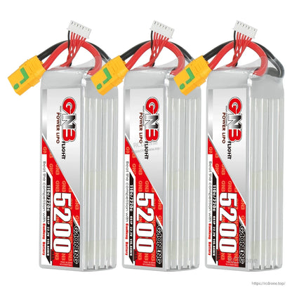 Three GNB 5200 LiPo batteries displayed together, each with XT90S connector and balance lead