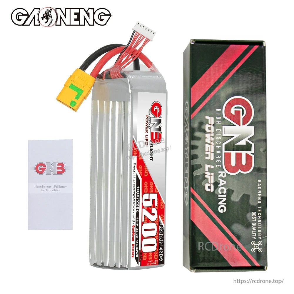 Package contents: GNB 5200 pack with retail box and instruction leaflet shown side by side