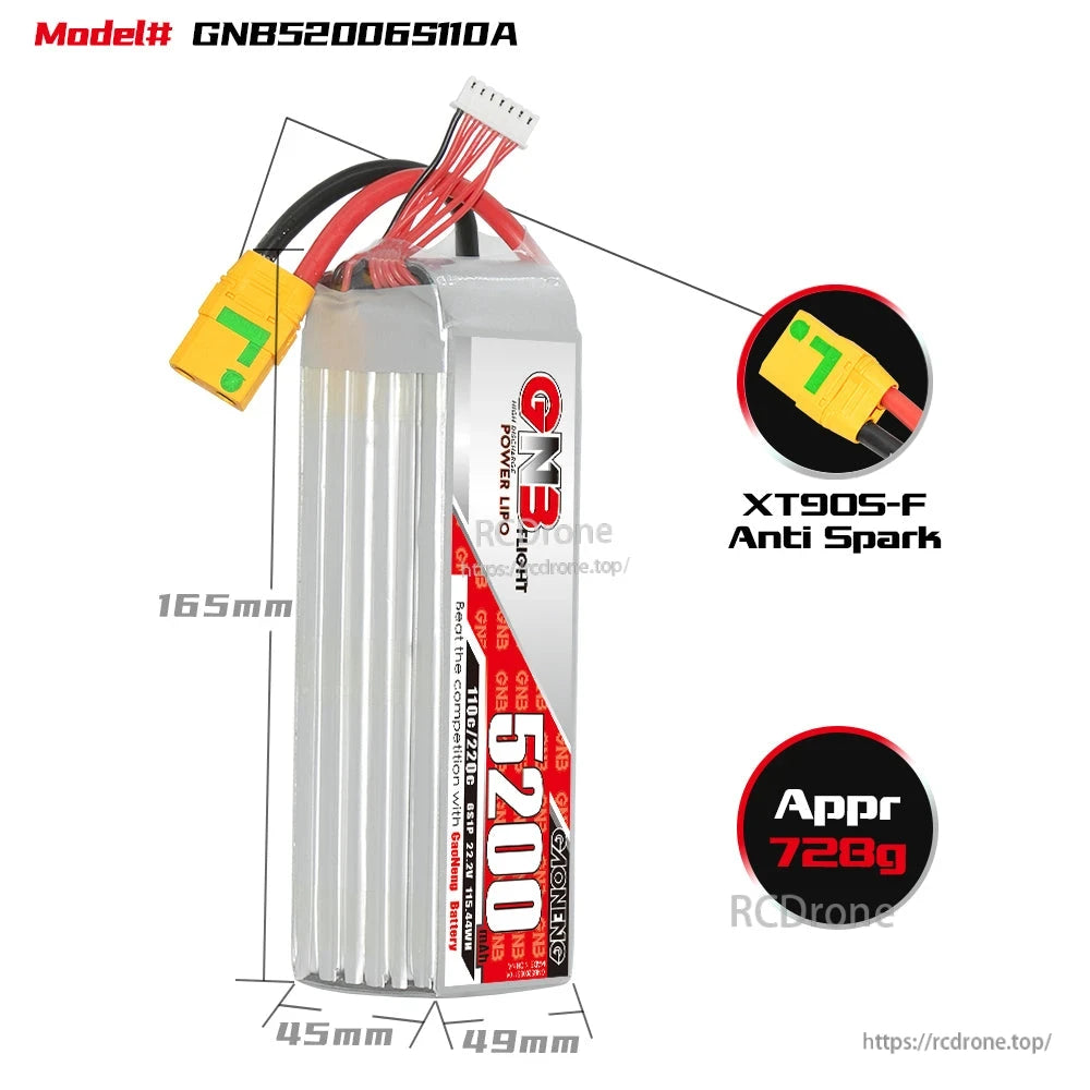 GNB52006S110A size and connector diagram: 165mm length, 45x49mm, XT90S-F anti-spark, 728g