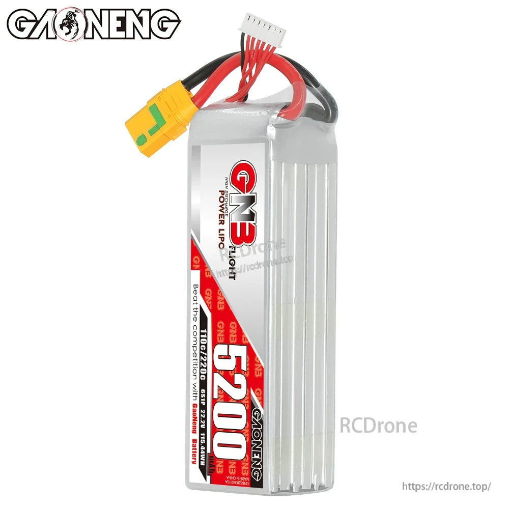 Side profile of GNB 5200 LiPo pack standing upright with XT90S plug and balance connector