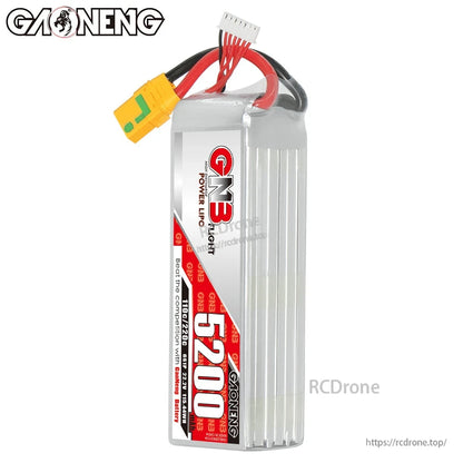 Side profile of GNB 5200 LiPo pack standing upright with XT90S plug and balance connector