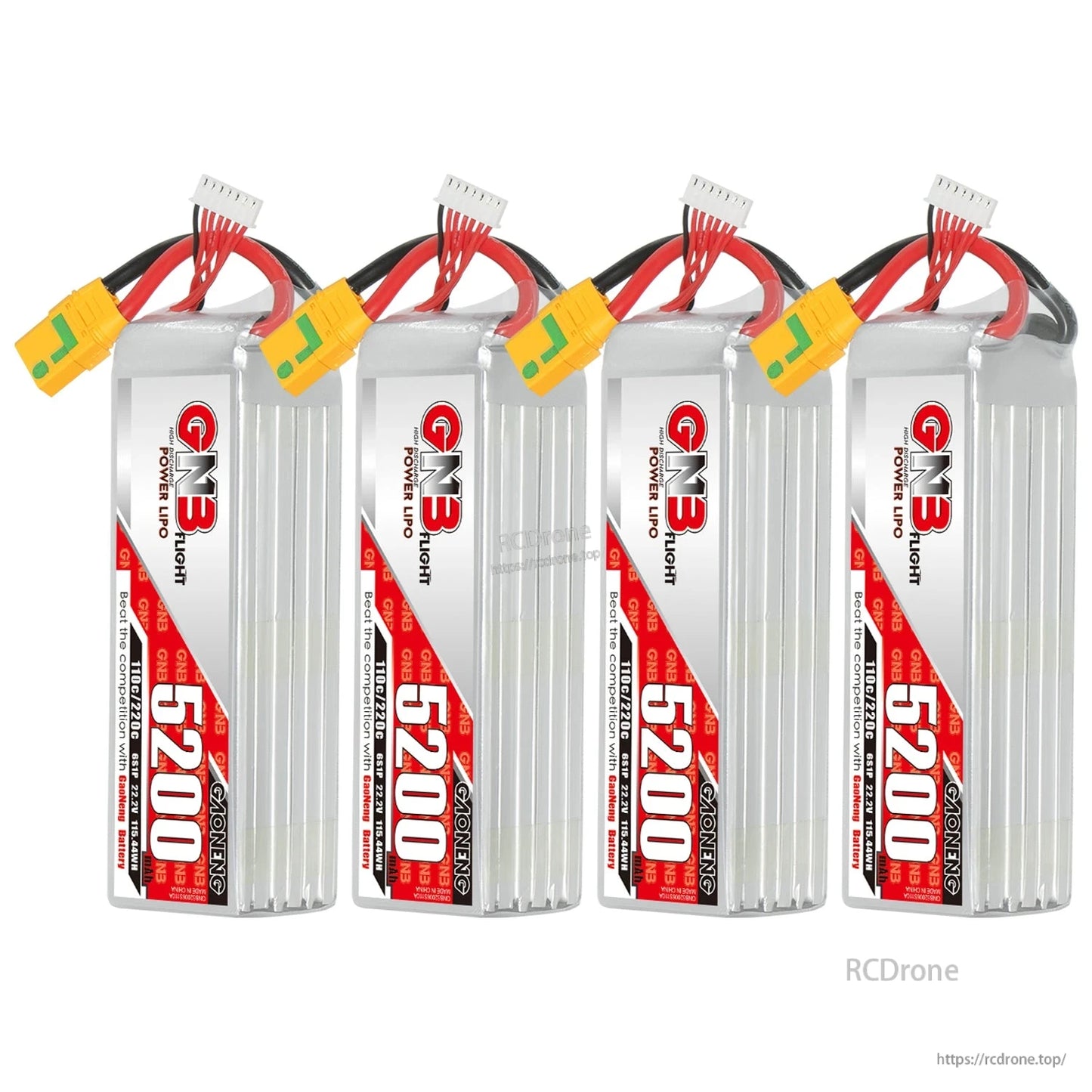 Four GNB 5200 LiPo batteries lined up, showing front labels and XT90S connectors