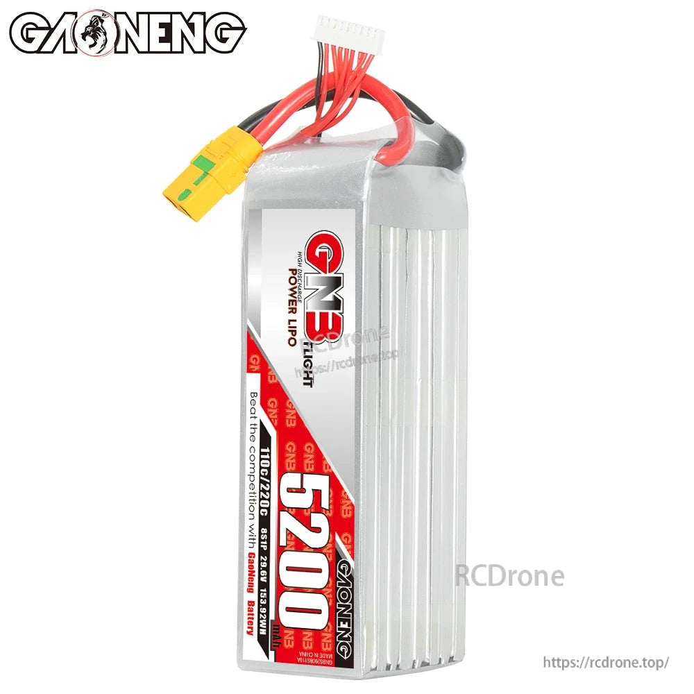 Upright view of GNB 5200mAh LiPo battery showing end profile, power leads and balance connector