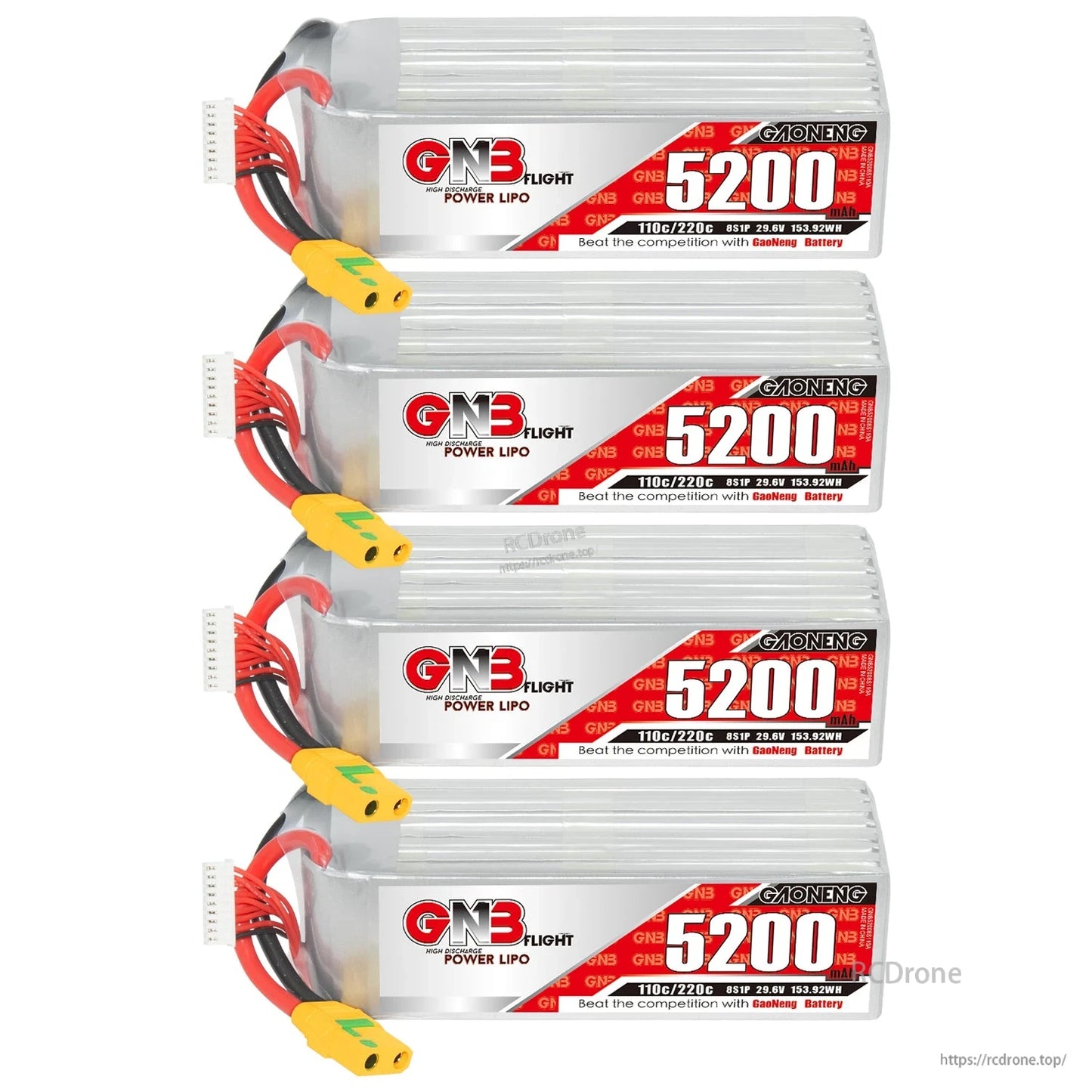Four GNB 5200mAh LiPo batteries stacked in a set, showing matching XT90S-F connectors