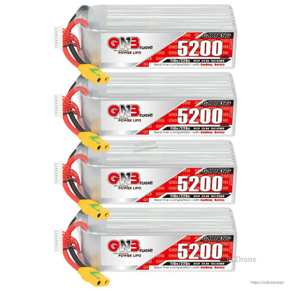 Four GNB 5200mAh LiPo batteries stacked in a set, showing matching XT90S-F connectors