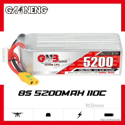 GAONENG GNB52008S110A 8S 5200mAh 110C LiPo battery label close-up showing 110C/220C rating
