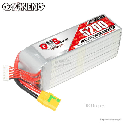 Angled top view of GNB Power LiPo 5200mAh pack showing taped casing and attached XT90S-F connector