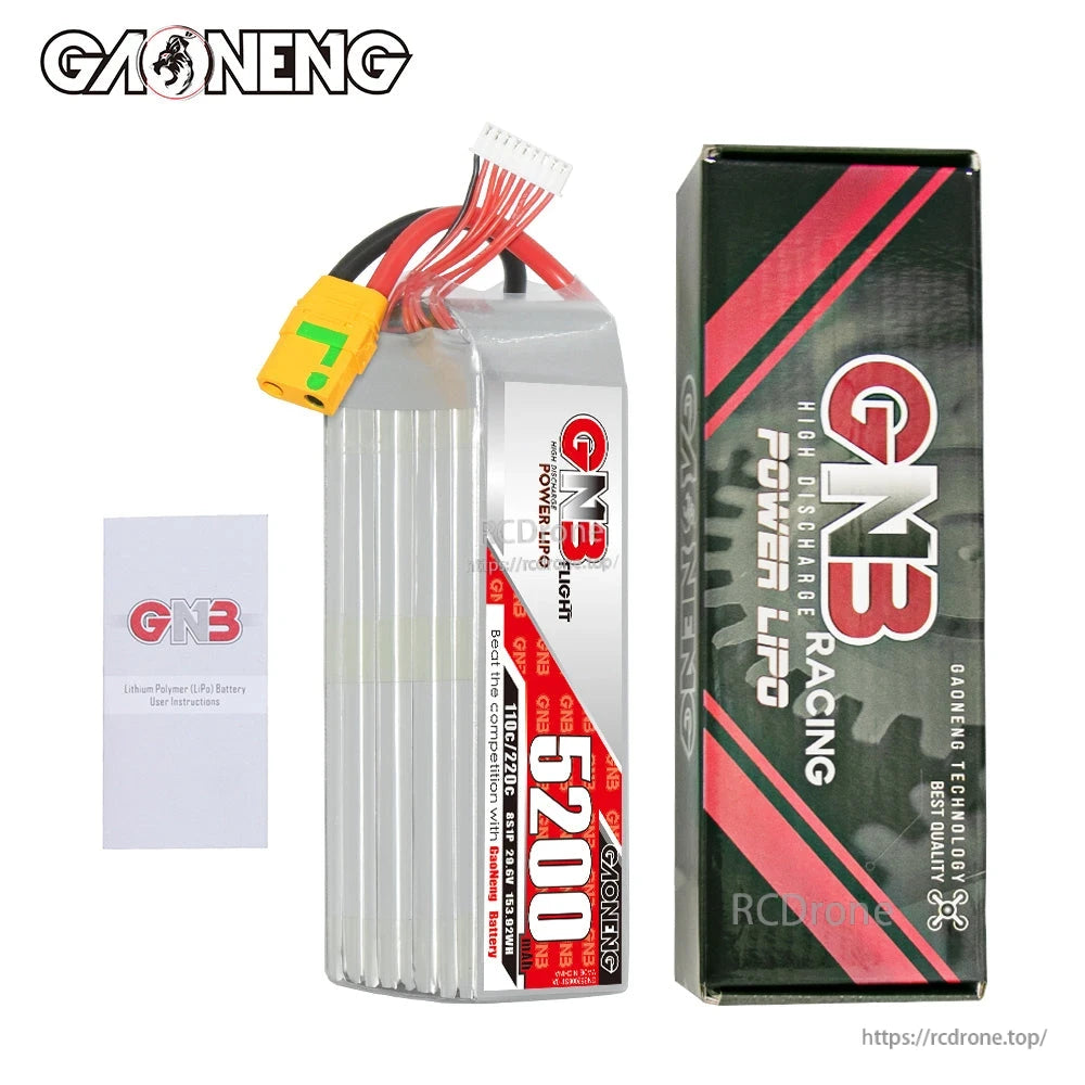 Package contents: GAONENG GNB 5200mAh LiPo battery with retail box and instruction leaflet