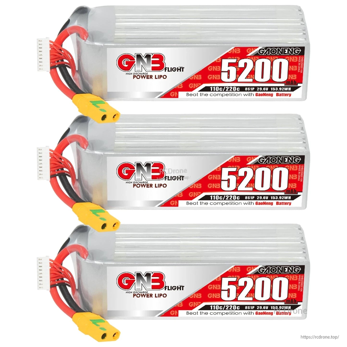 Three GNB 5200mAh LiPo batteries stacked, each with XT90S-F anti-spark connector and balance lead