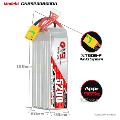 GNB52008S110A battery size diagram with dimensions 166×60×49 mm and XT90S-F anti-spark plug detail