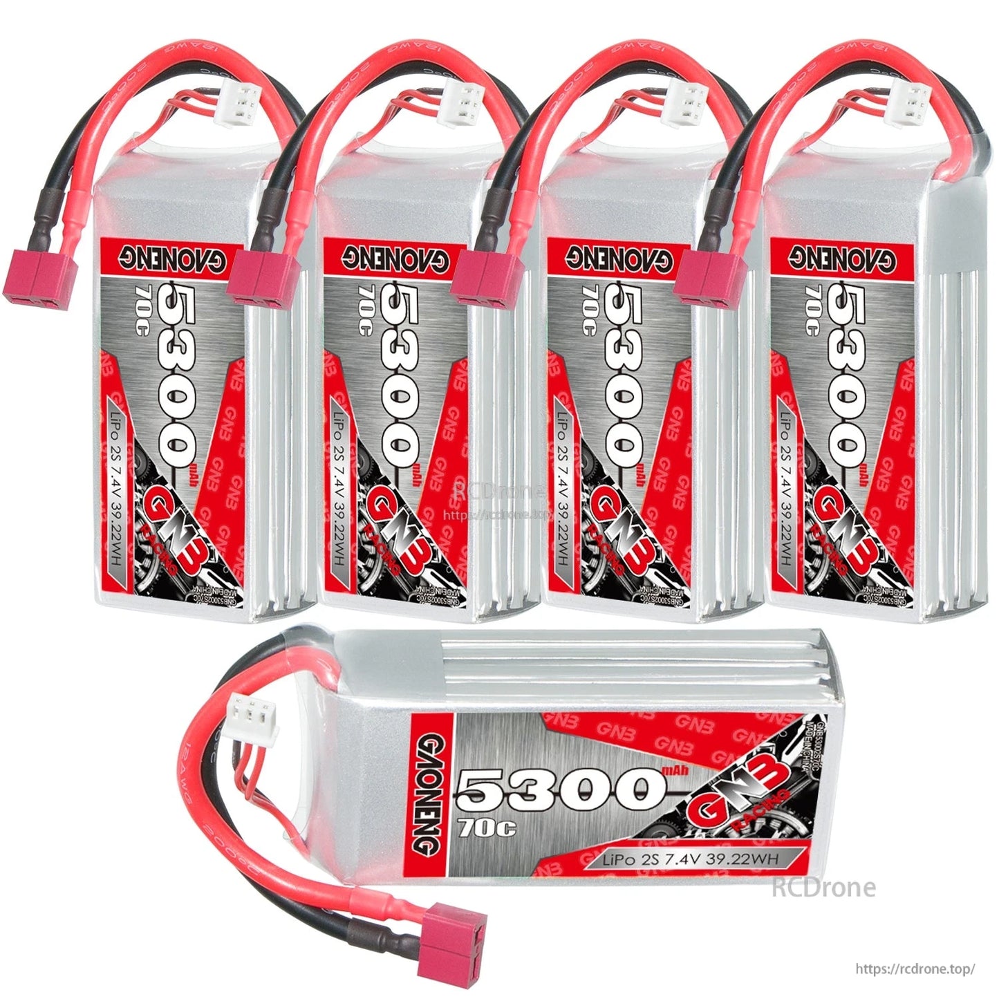 Five GAONENG GN3 5300mAh 70C LiPo batteries shown together, including one horizontal unit