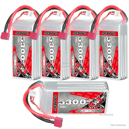 Five GAONENG GN3 5300mAh 70C LiPo batteries shown together, including one horizontal unit
