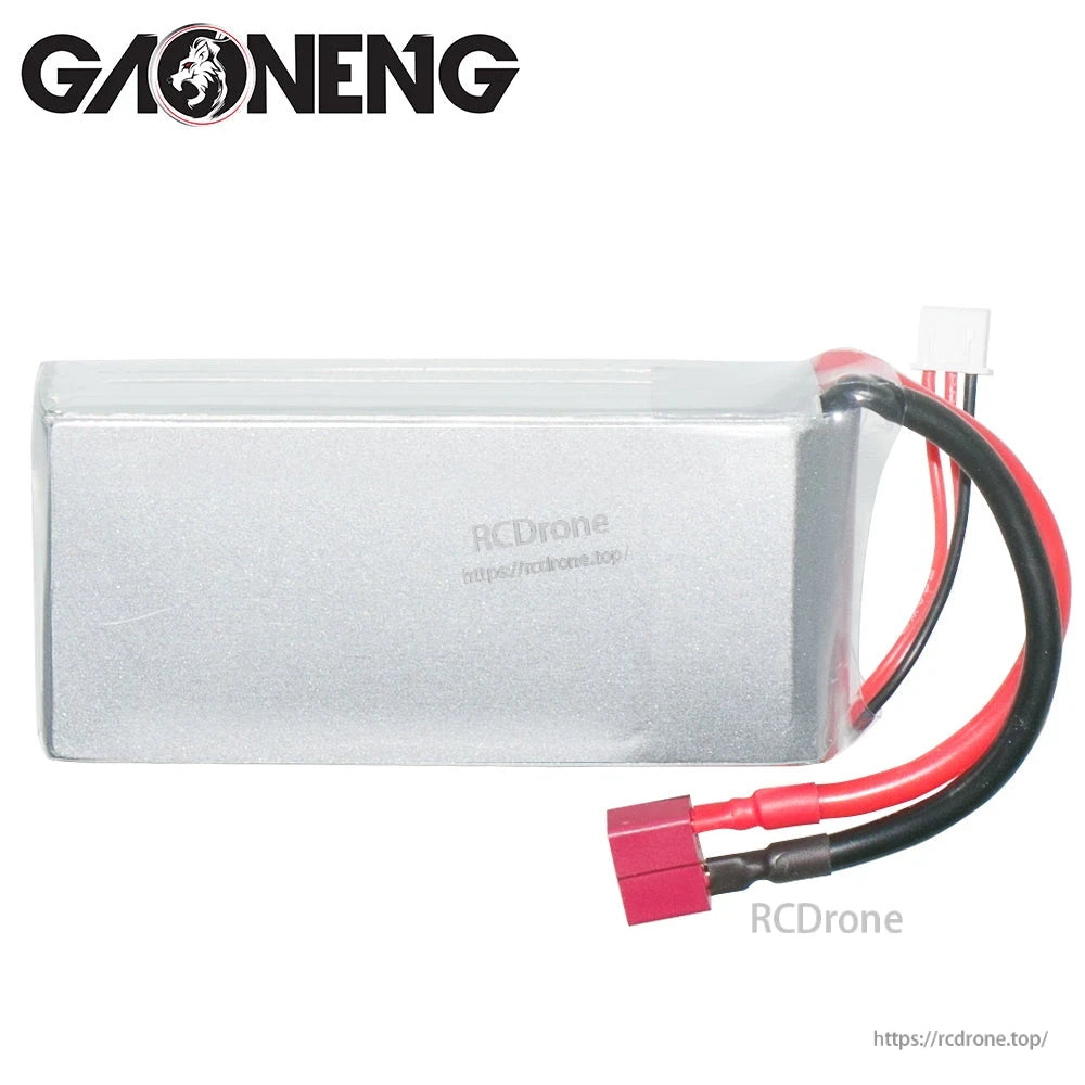 Back side of GAONENG LiPo pack without label, showing heatshrink wrap and T-plug lead