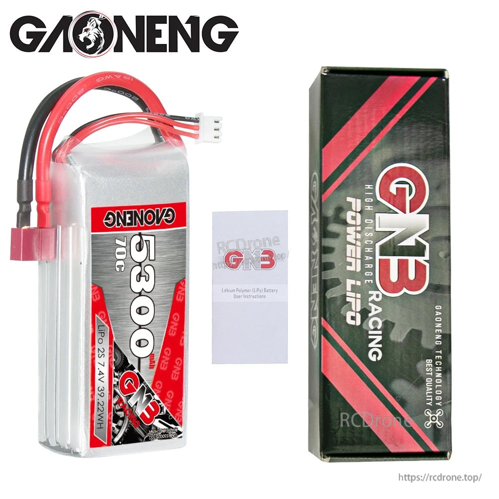 Package contents: GAONENG 5300mAh LiPo battery, GN3 Racing retail box, and instruction card