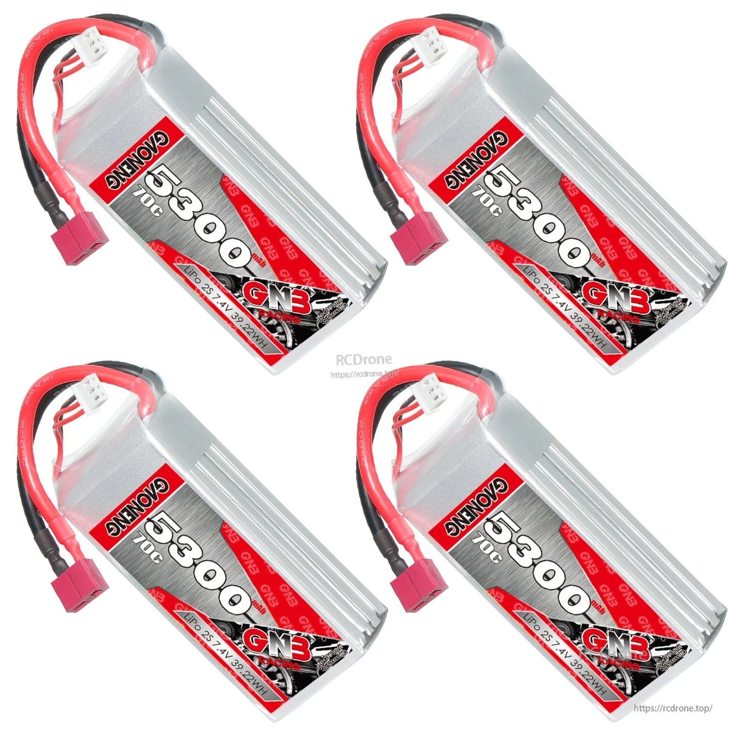 Four GAONENG 5300mAh LiPo batteries arranged diagonally, each with T-plug and balance lead