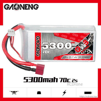 Side profile of GAONENG 2S 7.4V 5300mAh 70C LiPo battery, horizontal with T-plug lead visible
