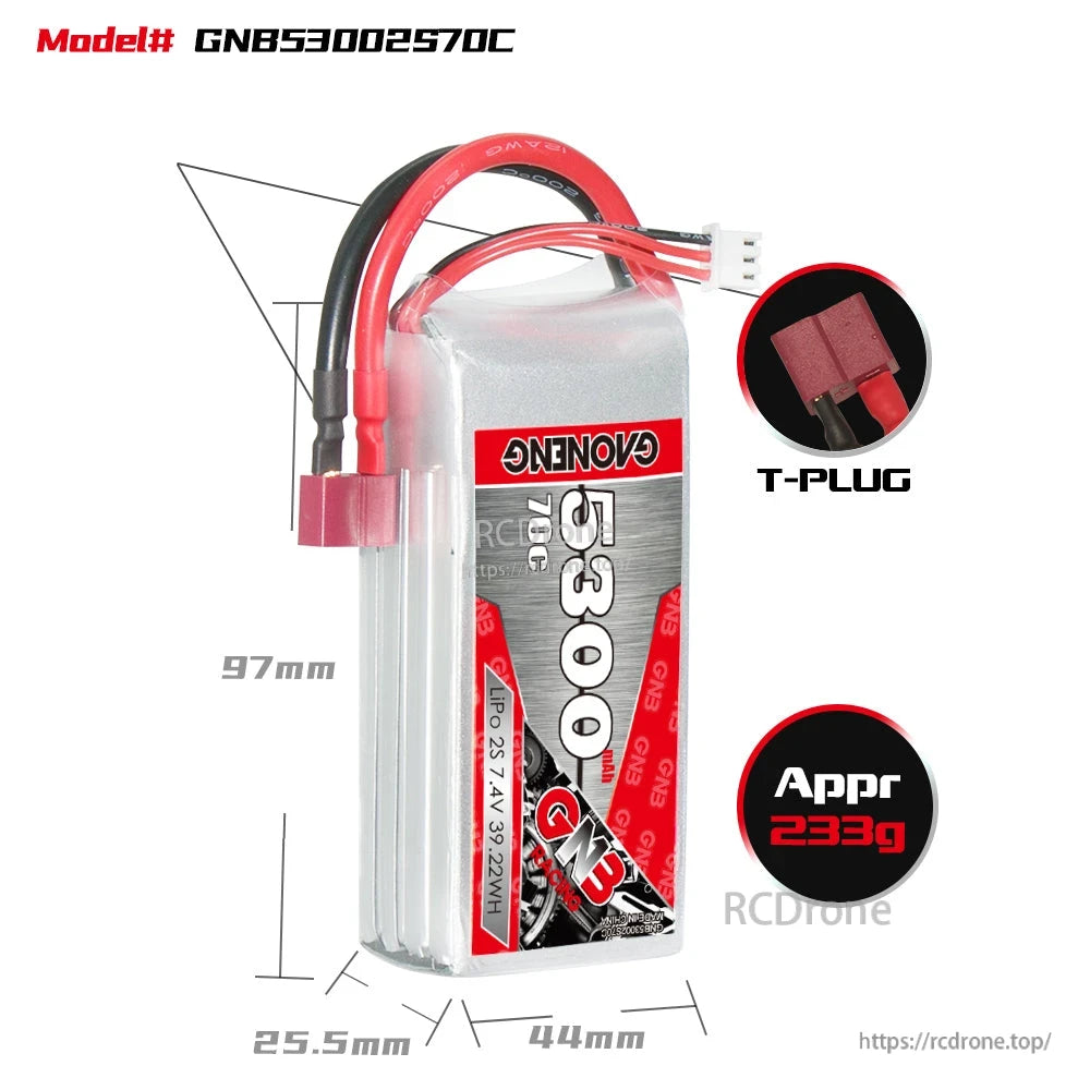 Battery dimensions diagram with T-plug connector close-up and approx weight graphic for GNB53002S70C