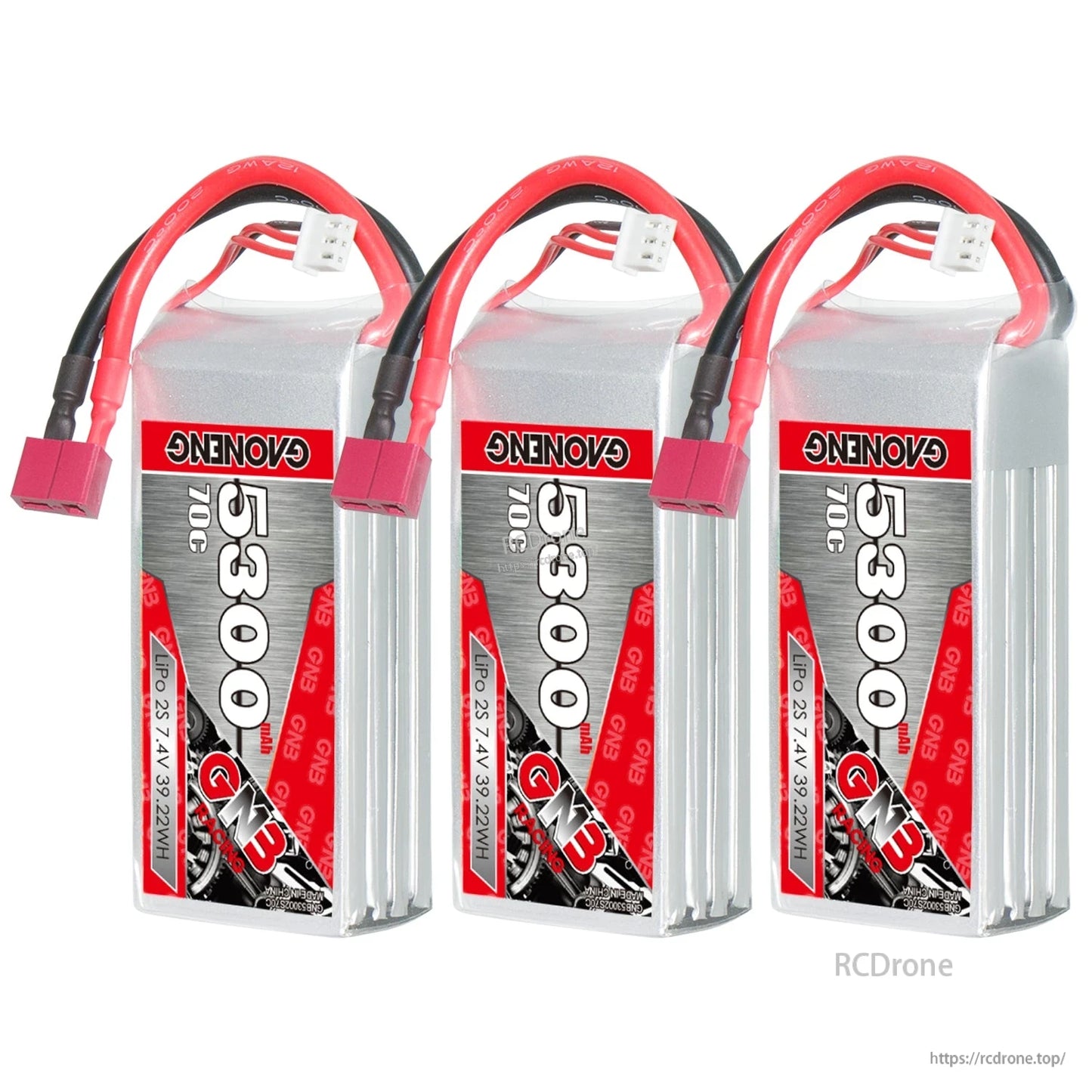 Three-pack display of GAONENG GN3 5300mAh 70C LiPo batteries with T-plug connectors