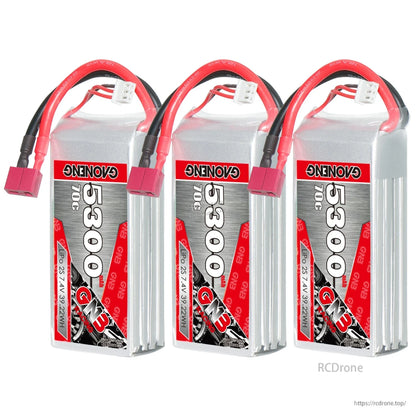 Three-pack display of GAONENG GN3 5300mAh 70C LiPo batteries with T-plug connectors