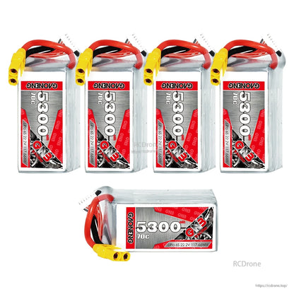 Group photo of five GAONENG 5300mAh 70C LiPo batteries, four upright and one laying sideways