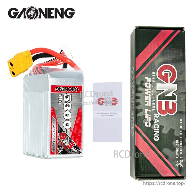 Package contents: GNB 5300mAh 70C 6S LiPo battery, user leaflet, and GNB retail box