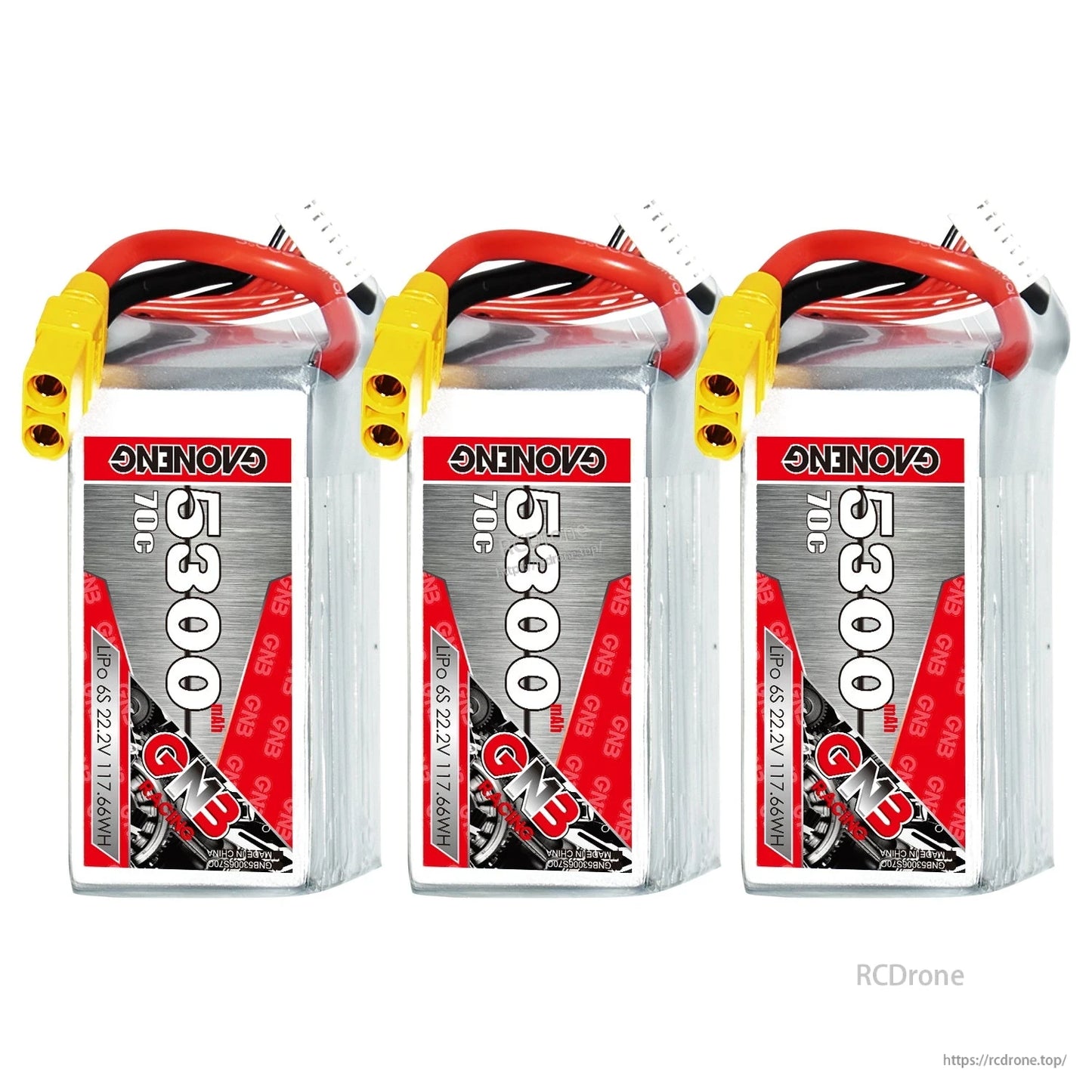 Three GAONENG 5300mAh 70C LiPo batteries upright, showing front labels and XT90 connectors
