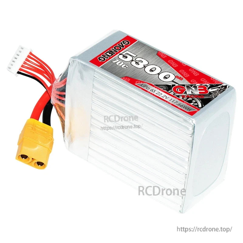 Angled view of GAONENG 5300mAh 70C 6S LiPo battery showing heat-shrink wrap, XT90 and balance plug