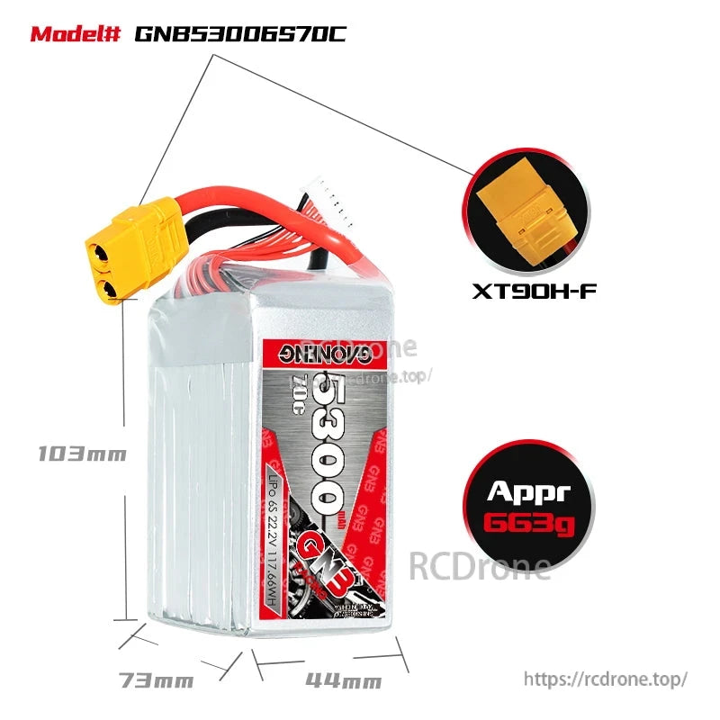 GNB53006S70C battery dimensions diagram with XT90H-F connector callout and approx. 663g weight