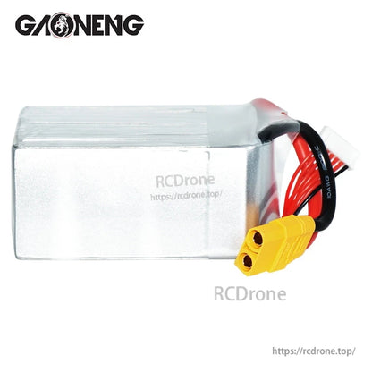 Side/back view of LiPo pack showing smooth silver wrap and XT90 connector with red/black wires