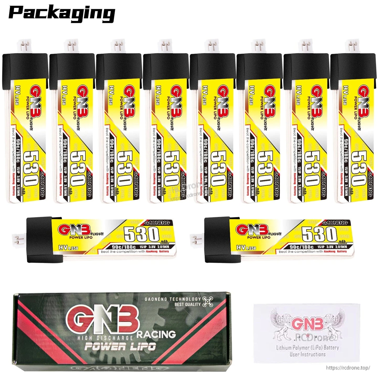 Packaging layout with 10x batteries shown upright, two horizontal batteries, retail box, and instructions card