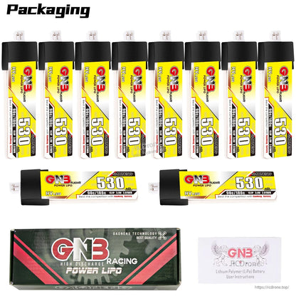 Packaging layout with 10x batteries shown upright, two horizontal batteries, retail box, and instructions card