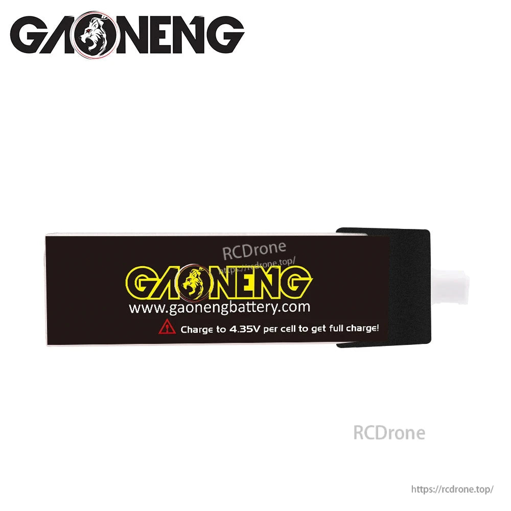Rear sleeve view with GAONENG branding, website text, and charge-to-4.35V per cell warning