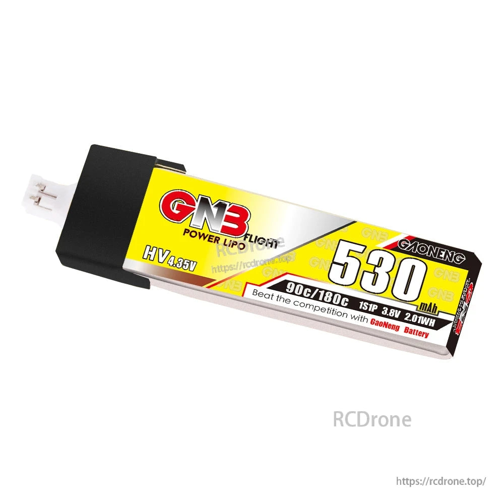 Angled view of GNB 530mAh LiHV 1S battery showing PH2.0 plug end and full wrap label