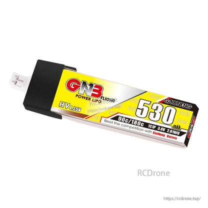 Angled view of GNB 530mAh LiHV 1S battery showing PH2.0 plug end and full wrap label