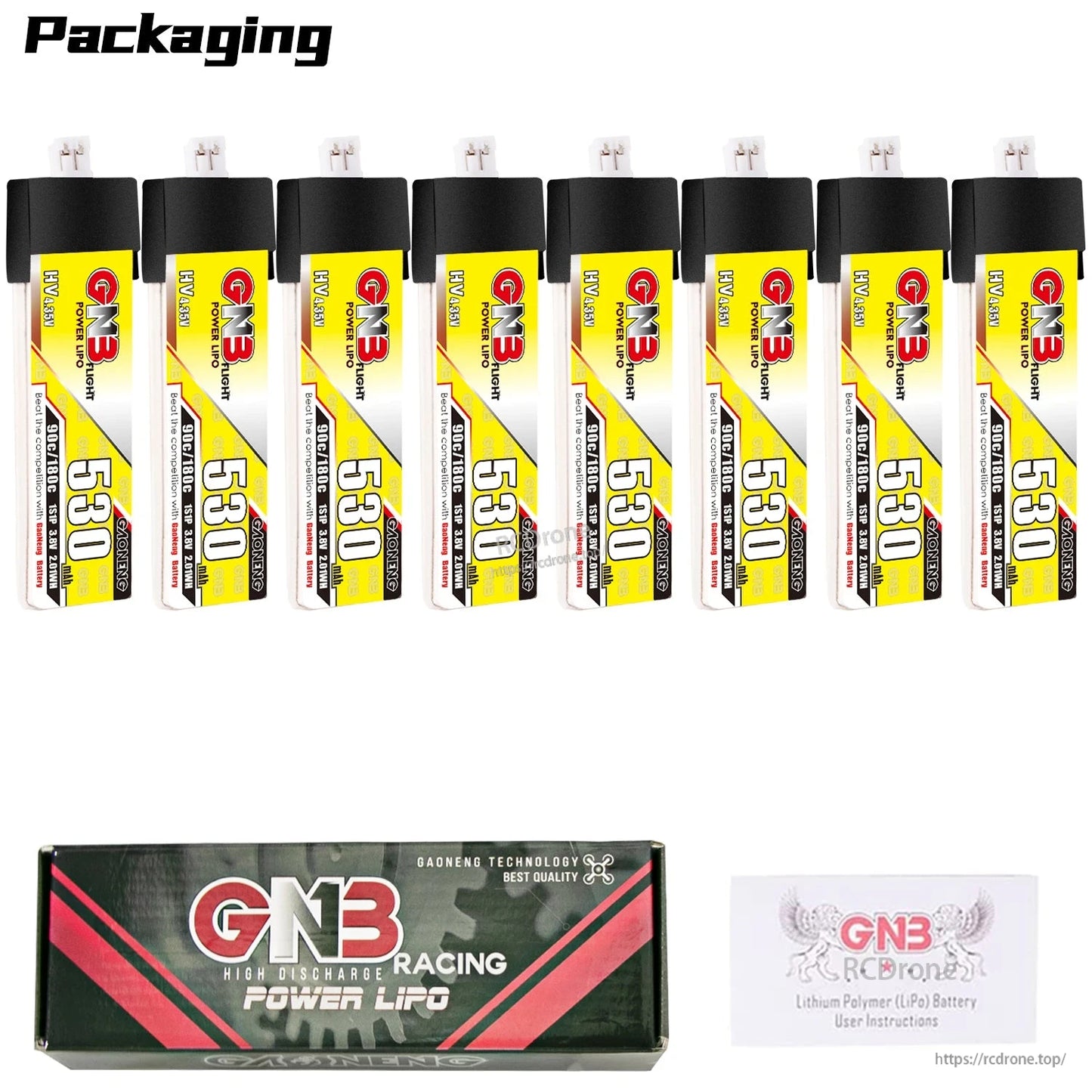 Packaging display with 8x GNB 530 LiHV batteries, GNB Racing Power LiPo box, and manual card