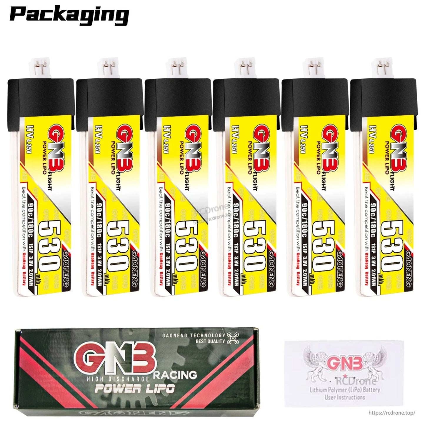 Packaging display with 6x GNB 530 LiHV batteries plus retail box and instruction leaflet
