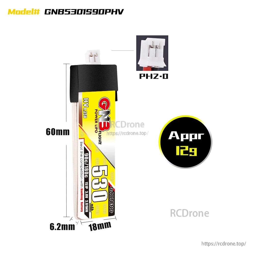 GNB5301S90PHV battery dimensions diagram (60 x 18 x 6.2mm) with PH2.0 plug and approx 12g weight