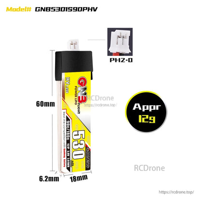 GNB5301S90PHV battery dimensions diagram (60 x 18 x 6.2mm) with PH2.0 plug and approx 12g weight