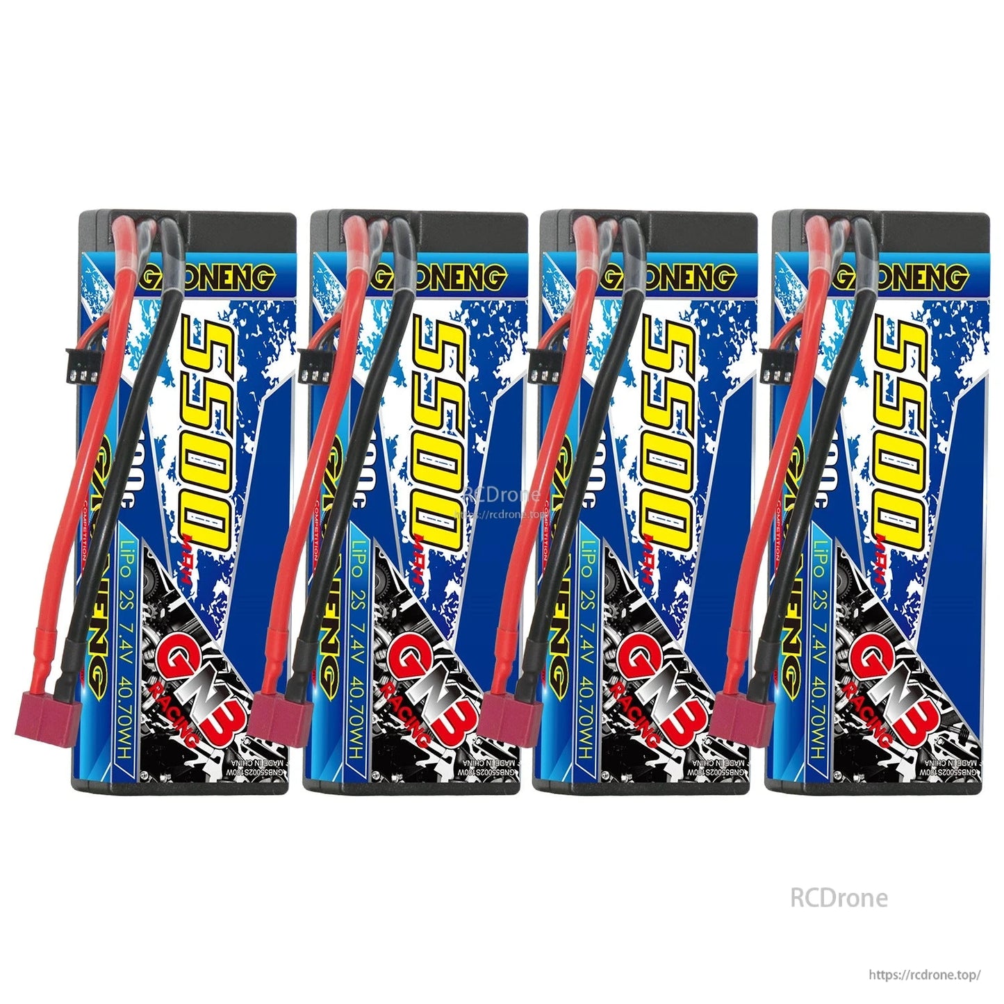 Four GAONENG 5500 hard case LiPo batteries front view lineup with attached leads and T-plug ends