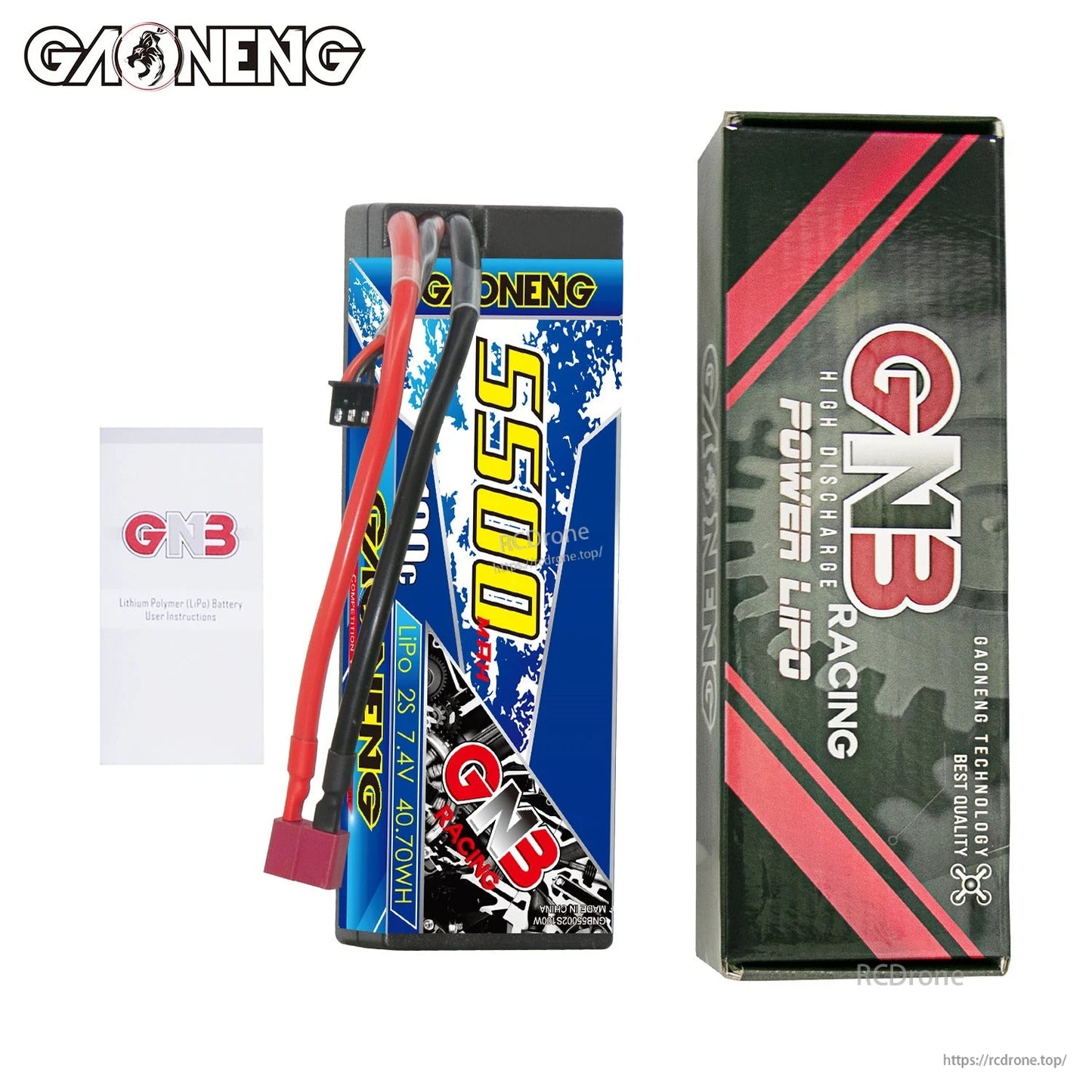 Package contents: GAONENG 5500 hard case battery with GNB Racing Power LiPo retail box and leaflet