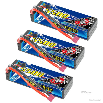 Three GAONENG 5500 2S hard case LiPo batteries shown together, each with T-plug and balance lead