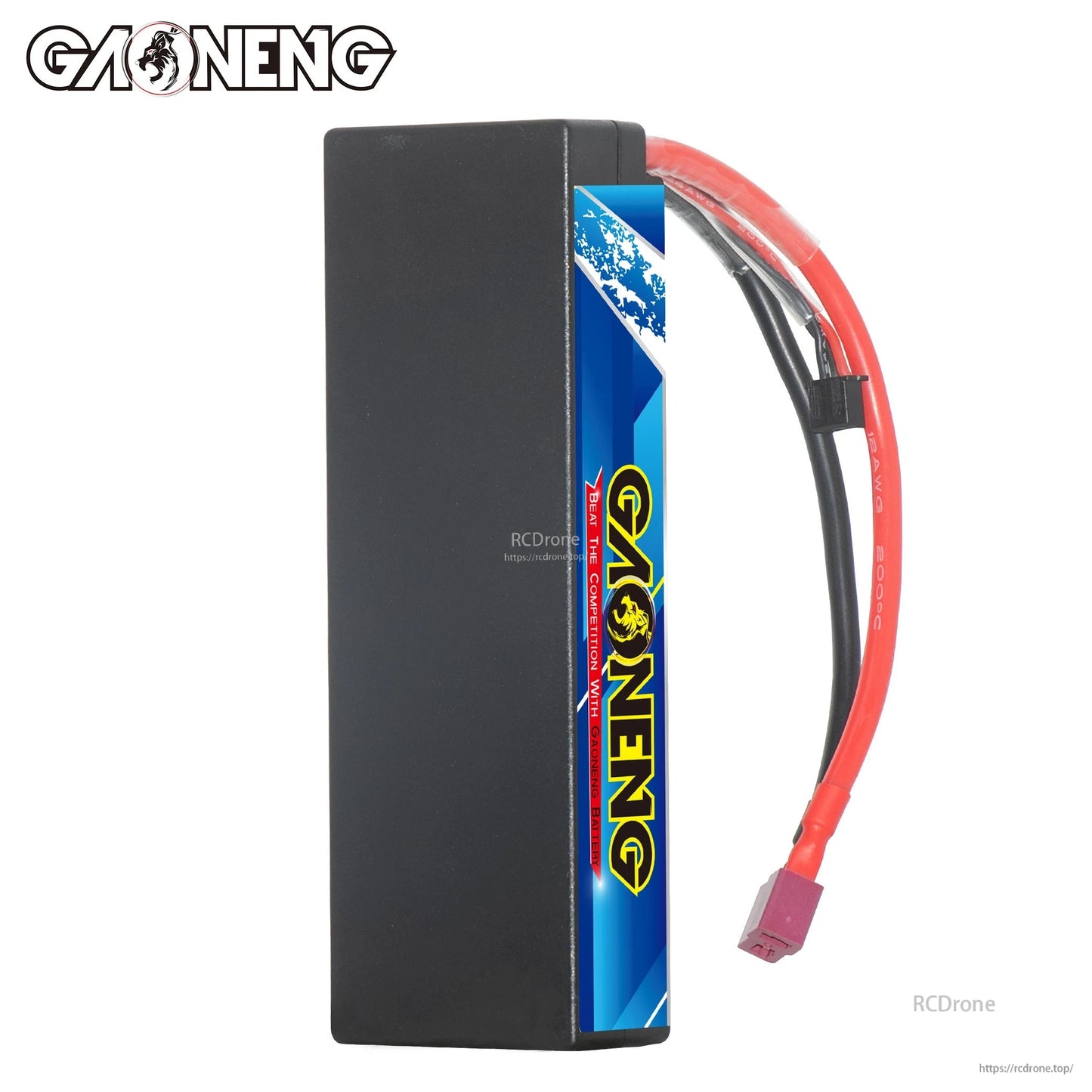 Side view of hard case battery showing plain black casing and GAONENG label strip with lead wires