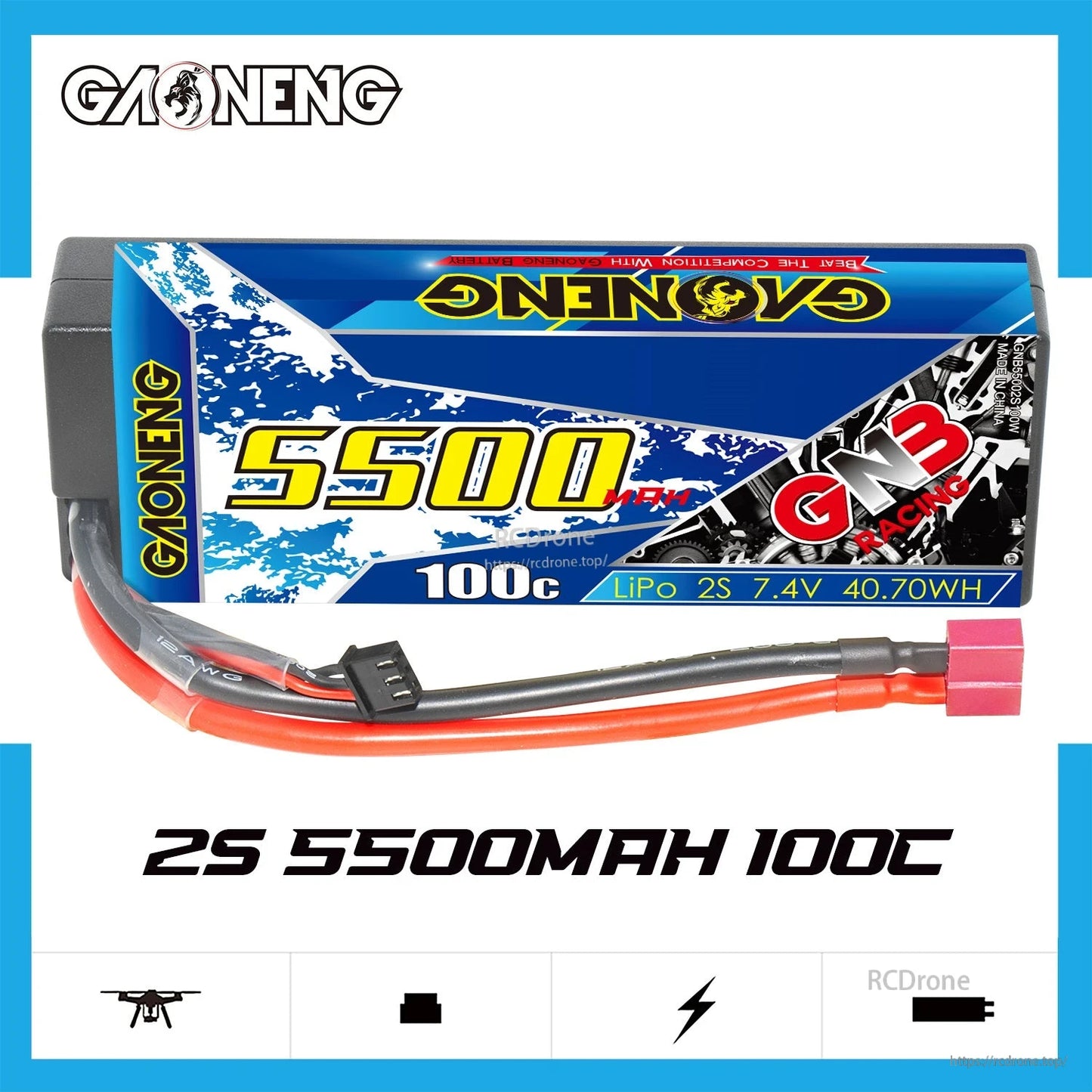 GAONENG GNB 2S 5500mAh 100C battery spec graphic showing 7.4V and 40.70Wh label