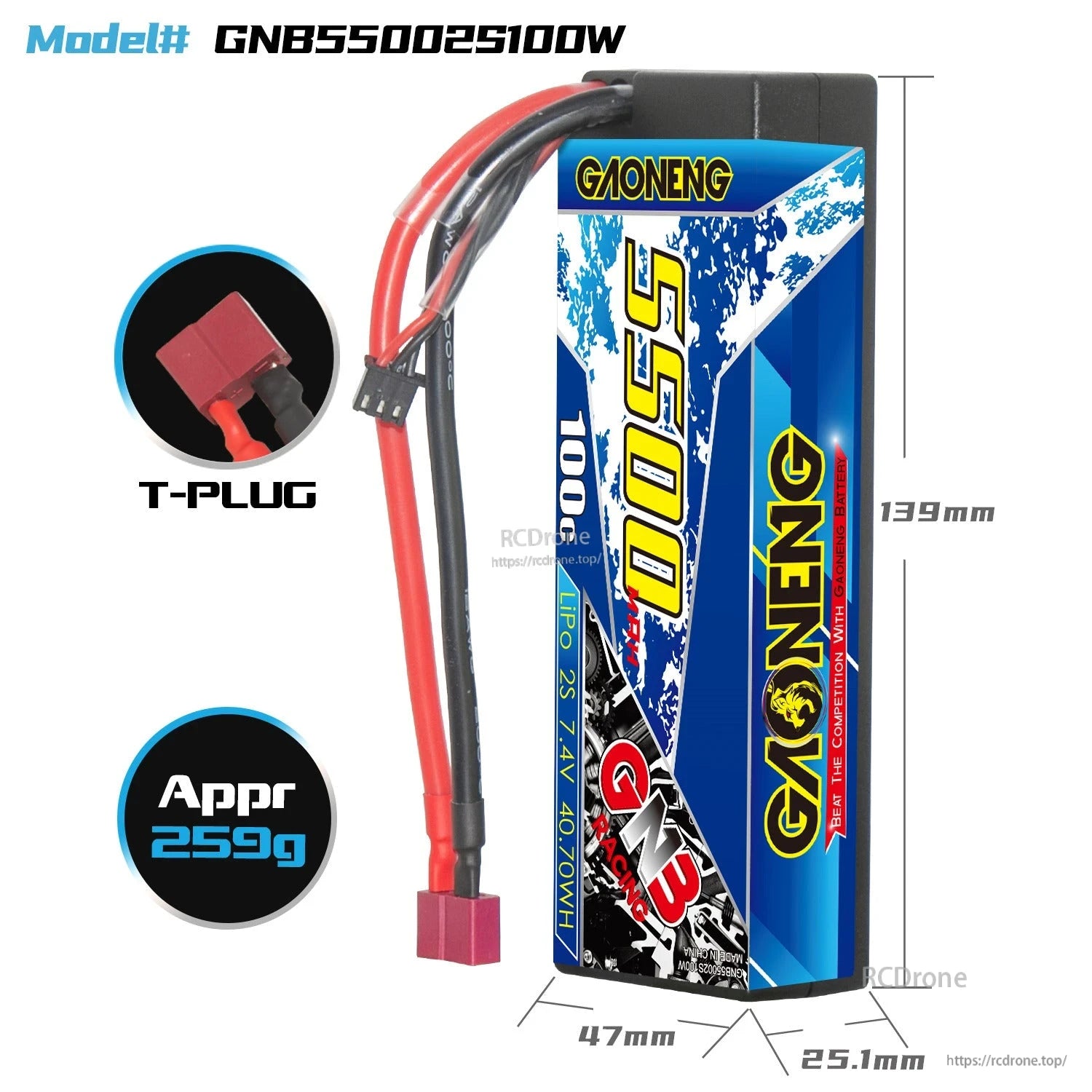 GNB55002S100W dimensions and weight graphic with T-plug connector, 139×47×25.1mm, ~259g