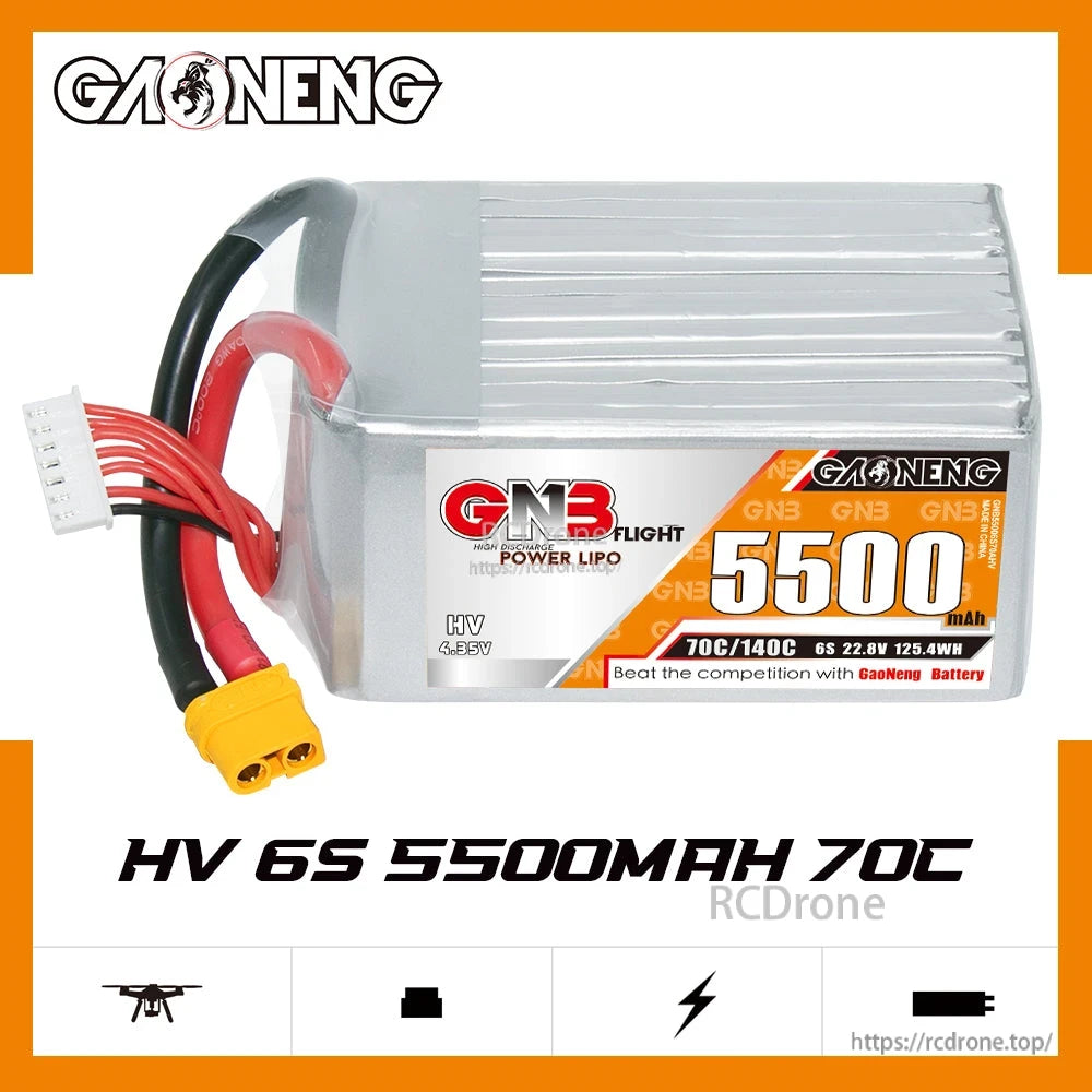 GAONENG GNB55006S70AHV HV 6S 5500mAh 70C LiPo battery side view with label and leads