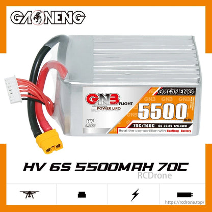 GAONENG GNB55006S70AHV HV 6S 5500mAh 70C LiPo battery side view with label and leads