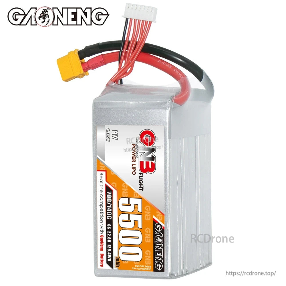 Upright front view of GAONENG GNB 5500mAh HV LiPo battery showing label and top wire exit
