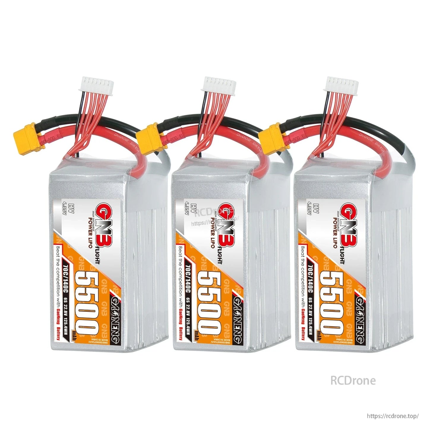 Three GAONENG GNB 5500mAh HV LiPo batteries with XT60 connectors shown in a row