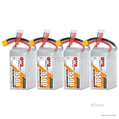 Four GAONENG GNB 5500mAh HV LiPo batteries with XT60 connectors shown in a row