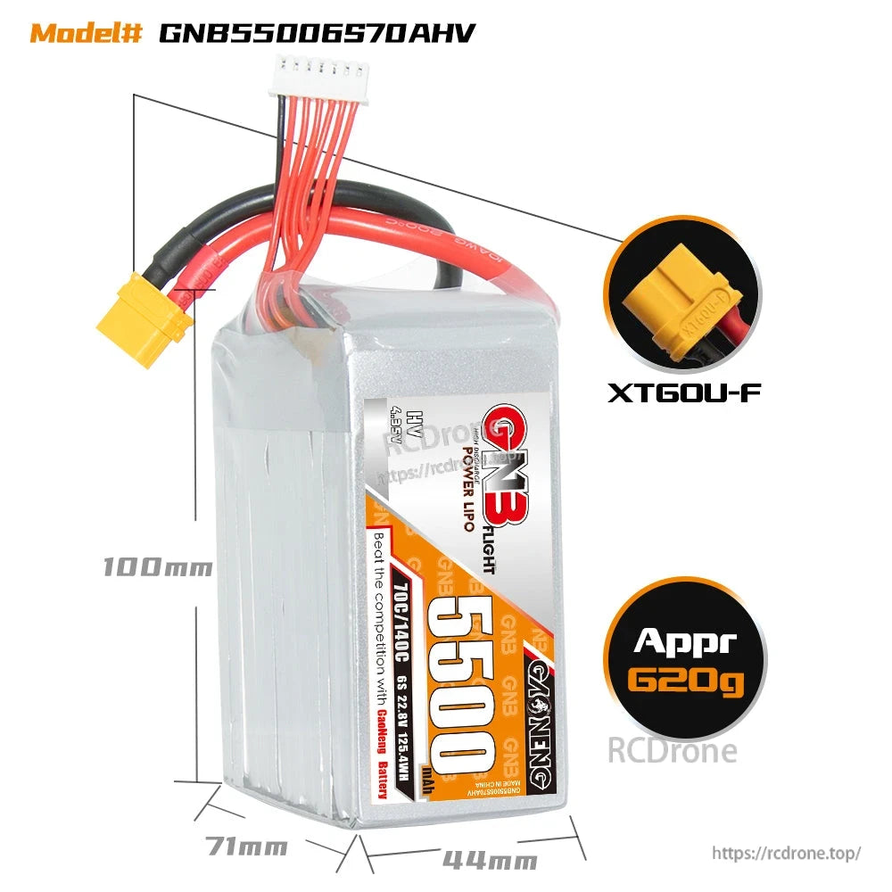 GNB55006S70AHV battery dimensions diagram with XT60U-F connector callout and approx weight 620g